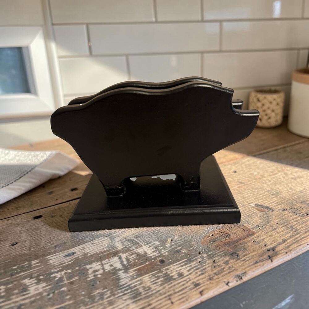 Vintage Carved Wood Pig Napkin/Letter Holder Double Sided Black 3872/68